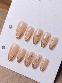 10 sztuk ręcznie robione migdałowe złote asymetryczne francuskie końcówki gwiazda kryształki dekoracyjne eleganckie minimalistyczne modne akrylowe końcówki paznokci naciśnij na paznokcie