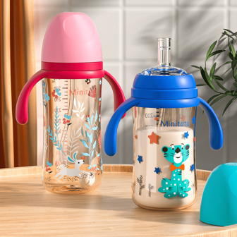 1pc/2pcs New Cartoon Print Pattern Water Cups With Silicone Straws, Weighted Straw Training Cups With Handles And Replaceable Nipples, Anti-Spill Straw Water Bottles