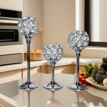 3pcs Elegant Crystal Candle Holders - Multipurpose, Silver Centered Decor, Polished Surface, Suitable For Wedding Decoration, Dining Table Centerpiece And Home Ambiance Gifts Birthday Graduation - Silver - View 5