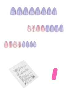 Set di 24 unghie finte corte a mandorla, unghie estive con fiori viola francese sfaccettati, finitura lucida, adatto per donne e ragazze da indossare in ogni occasione