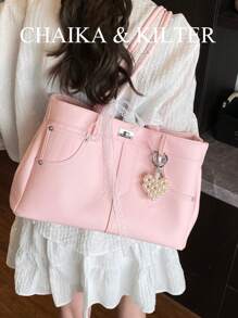 1 件女式纯色 PU 皮革手提包，大容量休闲时尚手提包，配有可拆卸可调节肩带，适合日常和外出（配有吊坠）