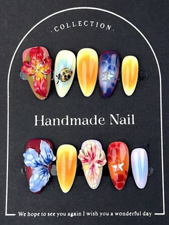 10 件彩色 3D 浮雕花朵盛开花朵装饰手工指甲丙烯酸按压指甲多巴胺春夏花瓣瓢虫长杏仁假指甲全覆盖指甲尖带果冻胶和指甲锉，DIY 美甲用品音乐节派对