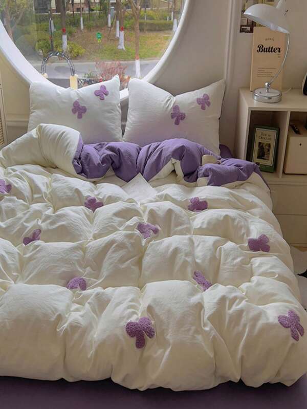 3 Peças Conjunto de Roupa de Cama com Bordado de Borboleta, Inclui 1 Edredom e 2 Fronhas