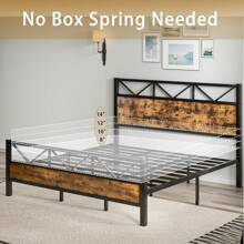Wooden Bed Frame With Tall Headboard, Metal Platform Bed Frame With Headboard And Footboard, Under-Bed Storage, Easy Assemble, Brown/ Grey, Twin/ Full/ Queen/ King - 棕色 - 查看 5
