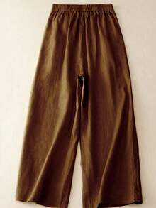 Women's Solid Color Front Button Casual Long Pants, Daily Wear - Rust Brown - View 2