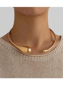 1 件时尚复古休闲金属极简主义泪滴领项链，高端金色夸张老钱风格适合女性 - 金色 - 查看 1