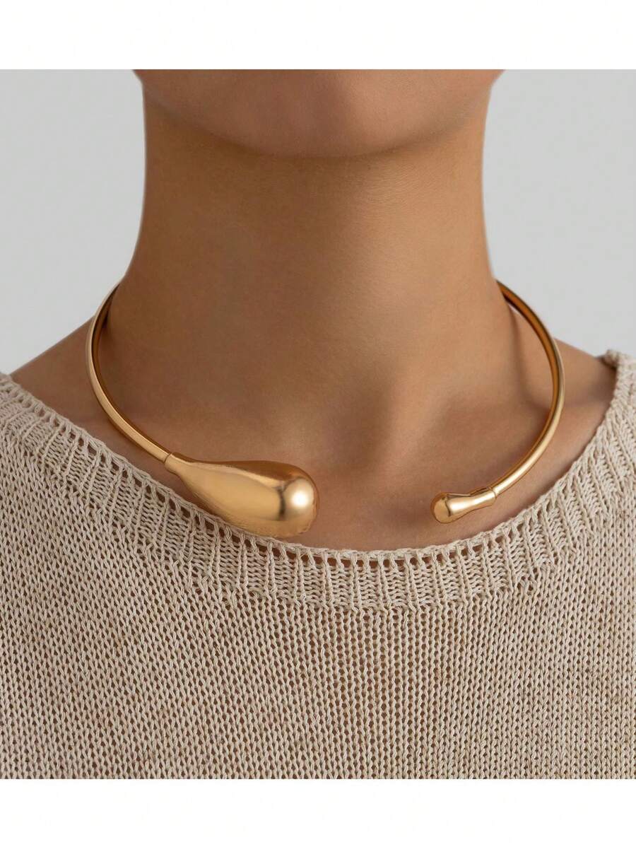 1 件时尚复古休闲金属极简主义泪滴领项链，高端金色夸张老钱风格适合女性 - 金色 - 查看 1