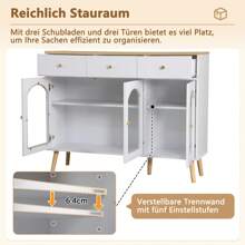 Esszimmerschrank mit Stauraum, Kaffeebarschrank mit 3 Schubladen und 3 gewölbten Türen mit Einscheibensicherheitsglas, TV-Schrank mit Stauraum, Dekoschrank mit 2 Seitentüren mit Einscheibensicherheitsglas, Dekotisch für TV-Entertainment in geschwungenem Design, Kommode weiß 4 Schubladen für Esszimmer, Wohnzimmer, Eingangsbereich, Holzdekor weiß