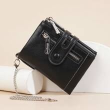 新款拉链零钱包女士时尚纯色压纹多卡位短款钱包商务休闲女士卡包礼品必备女士钱包钱包男士小钱包迷你钱包 - 黑色 - 查看 8