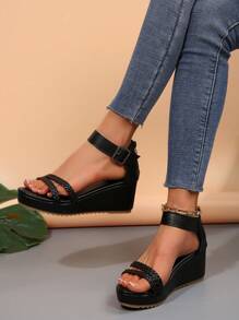 Sandalias de cuña con correa de tobillo y hebilla, sandalias negras de moda para mujer