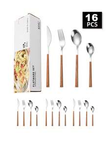 4/16/24 pièces Set de couverts en acier inoxydable, manche en plastique avec design imitation bois. Convient pour la maison, la cuisine, les fêtes, les mariages, les cadeaux de fêtes, la cuisine, les cadeaux de Noël, les fournitures scolaires