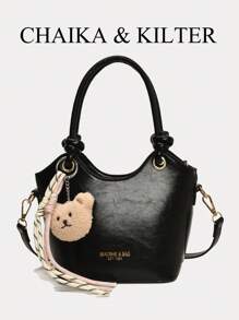 1pc CHAIKA & KILTER Glossy Solid Color PU Leather Shoulder Bag, Women's Fashion Handbag, Bucket Tote With Foil Lettering, Tie Strap Dual Handles, Zipper Closure, Detachable Adjustable Strap For Shoulder Or Crossbody Use, Suitable For Daily And Commuting