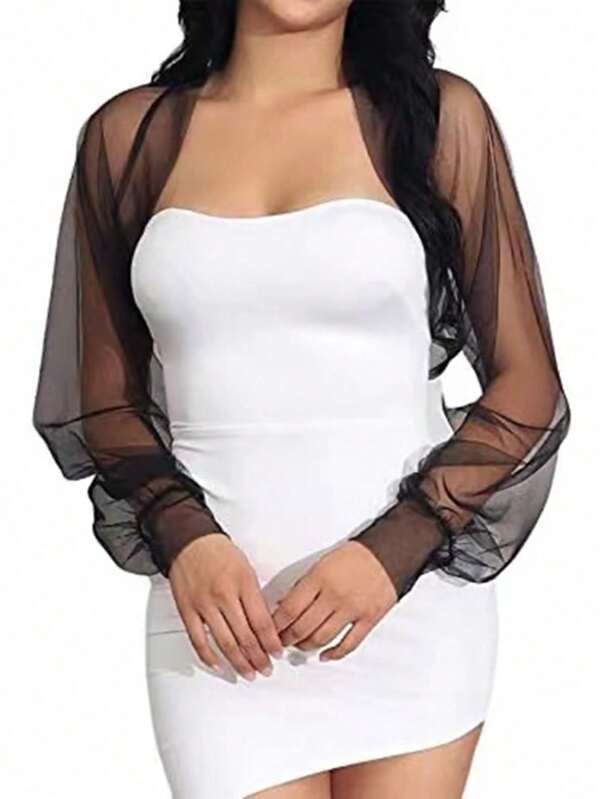 Jaqueta Bolero de Manga Longa de Tule, Jaqueta Elegante Simples e Sexy para Noiva, Estilo Europeu e Americano