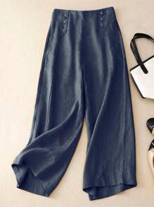 女士纯色前扣简约休闲裤，日常穿着