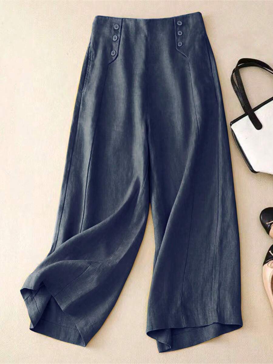 女士纯色前扣简约休闲裤，日常穿着