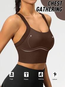 Seamless High-Elasticity And High-Support Sports Bra,Women Underwear Detachable Chest Pad With Cross-Strap Design,Women's Fitness Solid Color Simple Yoga Bra,Women Soft And Comfortable Sports Tops ,Multi-Color Options (Black/Brown/Blue/Hot Pink/Gray/Red) - 棕色 - 查看 3