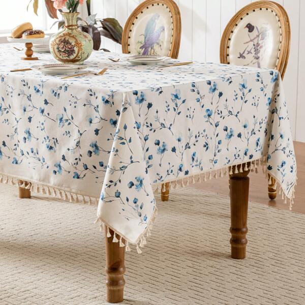 1PC Fresh Blue Flower Shadow Picnic Table Cloth Ins Style Fabric Tassel Fresh And Simple Coffee Table Cloth