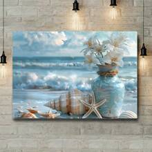 Charming Beach-Themed Canvas Art With Posters Of Flowers, Starfish And Shells - 1 Piece Of Wood Framed Oil Painting (3) Thickness 2.25 Cm/0.9 Inch- Home Decoration For All Occasions - Ideal New Year, Valentine's Day, Thanksgiving, Easter, Christmas Gift , Room Decoration Aesthetic, Wall Decoration Art, Perfect Gift, Autumn And Winter Wall Decoration, Living Room Decoration, Bedroom Decoration, Kitchen Decoration, Entry Decoration, Bathroom Decoration, Direct Wall Painting, High Quality Wall Painting Poster