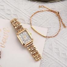2 件/套女士时尚矩形小众钢石英表 + 简约手链珠宝礼品套装，非常适合周年纪念礼物