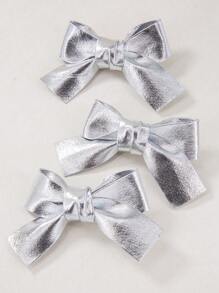 6pcs/Set Girls Silver Reflective Shiny Fabric Solid Bow Hair Clips, Minimalist Glossy Leather Lightweight Elegant Duck Clip Hair Accessories - Multicolor - View 3