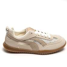Low-Top Lace-Up Sneakers With Panel Detailing And Side Stripe - Khaki - View 2