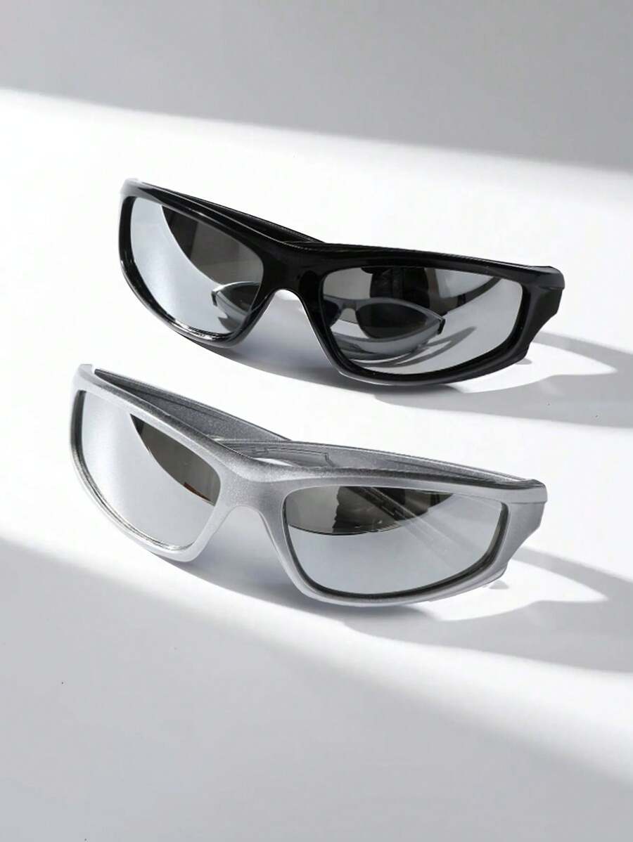 feye 2 件白色镜框水银镜片时尚眼镜，男女通用 Y2K 街头时尚眼镜，适合夏季海滩度假、户外、旅行日常佩戴 - 2件裝(黑色+銀色) - 查看 1