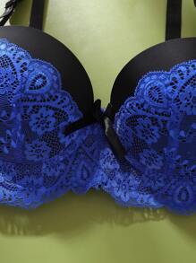 1 件法式浪漫撞色性感女士钢圈聚拢 BC 罩杯内衣胸罩，蕾丝拼接 - 藍色 - 查看 3