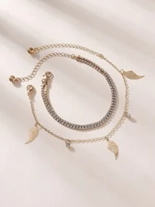 2pcs/Set Summer Sexy Gold Rhinestone Winged Butterfly & Star Anklet Set, Suitable For Women Daily Casual Beach Holiday Wear - Yellow Gold - View 9