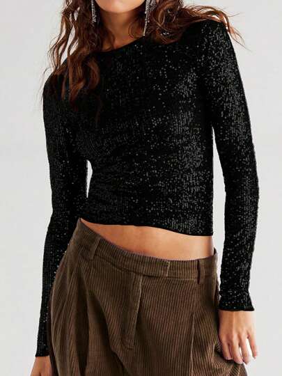 Women Long Sleeve Tops Sequins Basic Shirt Casual Pullover For Fall Club Streetwear Aesthetic Clothes