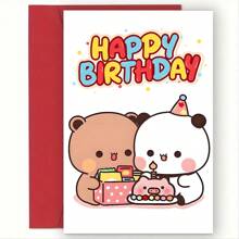 1 张可爱熊主题生日贺卡，卡通形象风格，送给最好朋友的生日礼物，适合所有场合赠送给朋友、同学、家人，生日贺卡礼品卡的完美选择（12 厘米/4.7 英寸 X 17 厘米/6.7 英寸） - 彩色 - 查看 1