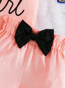 2 件装婴儿/女婴可爱简约字母印花盖袖上衣和蝴蝶装饰短裤套装，透气，适合夏季