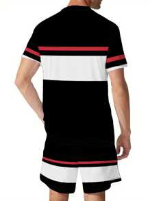 2 pièces ensemble t-shirt à manches courtes et shorts imprimé rayures graphiques, tenue de sport décontractée et ample pour hommes confortable