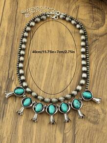 2pcs Western Country Style Fashion Oxidized Vintage Effect Pumpkin Flower Inlaid Turquoise Beaded Necklace/Double Layer Neck Chain Suitable For Women Daily Wear And Gift - Turquoise - View 9