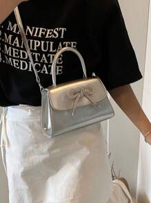 蝴蝶结装饰迷你方包，2025新款简约链条单肩斜挎女包 - 銀色 - 查看 5