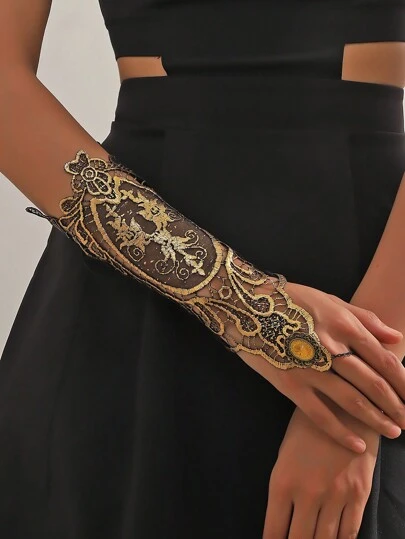 Cuiwrgrs 1pc Vintage Lace Trim Gold Colored Gloves, Fashion Accessory To Pair With Ladies Bracelet