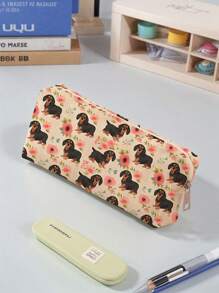 1 件幸运四叶草图案灯芯绒铅笔盒，文具收纳袋，双面印花文具袋，便携式多功能办公用品笔筒学习配件笔袋