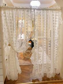 1pc/2pcs French Romantic Ruffled White Lace Pompom Curtain, Polka Dot Voile Sheer Window Curtain Panel For Living Room Divider, Kitchen, Bedroom, Balcony Privacy Protection