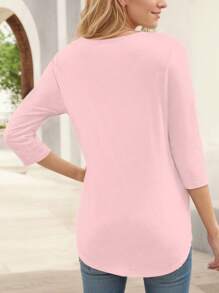 hoteel Women's V Neck T-Shirt 3/4 Sleeve Summer Top, Elegant Casual Solid Color Basic T-Shirt - 粉色 - 查看 2