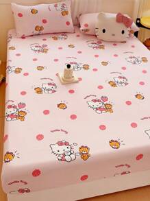 Sanrio 1 pièce Drap-housse imprimé de bande dessinée, Protège-matelas, Housse de lit, Drap-housse, Textile d'ameublement confortable, Protège-matelas respirant et résistant à la formation de peluches, Décoration d'intérieur, Convient à tous les formats de lit - Double, Full, Queen, King, Toutes saisons, Anti-poussière, Lavable en machine