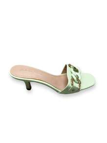 Sandálias femininas de salto alto com decoração de corrente, bico quadrado, sandálias estilosas de verão para mulheres - Verde - Ver 3