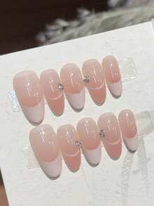 10pcs Almond Shaped Artisan Handcrafted Natural Tie Dye Gradient French Manicure Fake Nails Set With Delicate Line And Rhinestone Decorations, Reusable Nail Tips Suitable For Music Festival, Party, Daily Wear, Includes 1pc Nail Gel And 1pc Nail Buffer - Pink - View 3