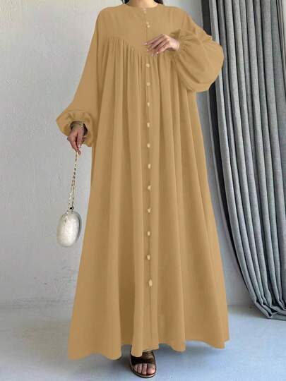 Kadınlar için Zarif Peri Tarzı Tek Düğmeli Fener Kollu Uzun Arap Elbisesi