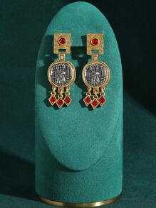 Vintage Tarnished Copper-18K Gold Plated Antique Coin Cameo Portrait Earrings With Faux Agate & Glass Crystal Beads