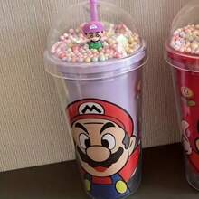 Super Mario Taza con aislamiento de doble pared con diseño temático de Super Mario, con pajita y tapa a prueba de fugas, de 16 onzas a prueba de derrames, con ilustraciones vibrantes de Super Mario, taza portátil excelente para acampada al aire libre, conducción y viajes