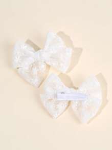 2pcs Girls Mesh Bow Hair Clips, Solid White Hair Bows For Girls, Elegant Flower Hairpins, For Daily And Holiday, Hair Accessories