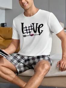 Set de lenjerie de dormit cu mâneci scurte cu imprimeu cu săgeată, cu literă, cu inimă, pentru bărbați, țesătură subțire de vară