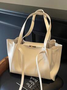 1 件女士纯色 PU 皮革手提包，大容量时尚单肩包适合通勤和日常装扮