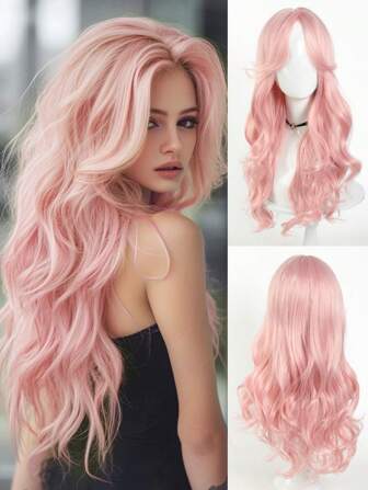 Lolita Wigs Long Wavy Pink Wigs Hair 26 Inch Synthetic Light Pink Cosplay Lolita Wig, Center Split Wig, Daily Party Natural,Smooth And Realistic Wig