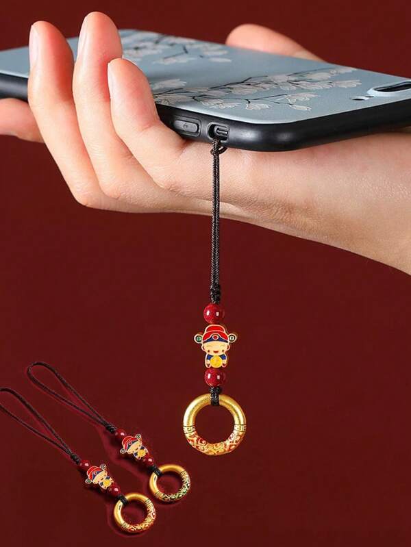 1 Ring Type Sand Gold Small God Of Wealth Cinnabar Mobile Phone Pendant, Exquisite Pendant, U Disk Shell, Mobile Phone, Chain Rope, Key Pendant, Bag Pendant, New Year Gift