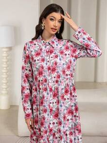 Vestido largo de manga larga con cuello, estampado, parches y botones para mujer, modesto - Rojo - Ver 6